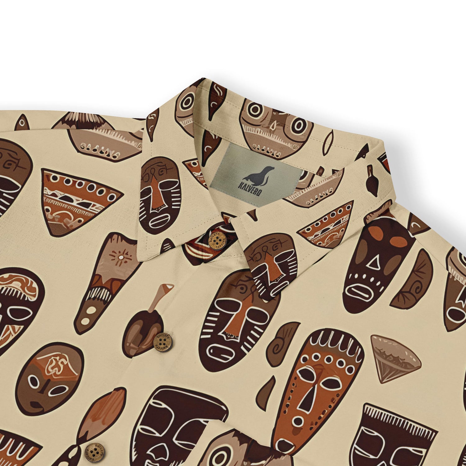 Detailed tribal mask pattern shirt for cultural heritage fashion.