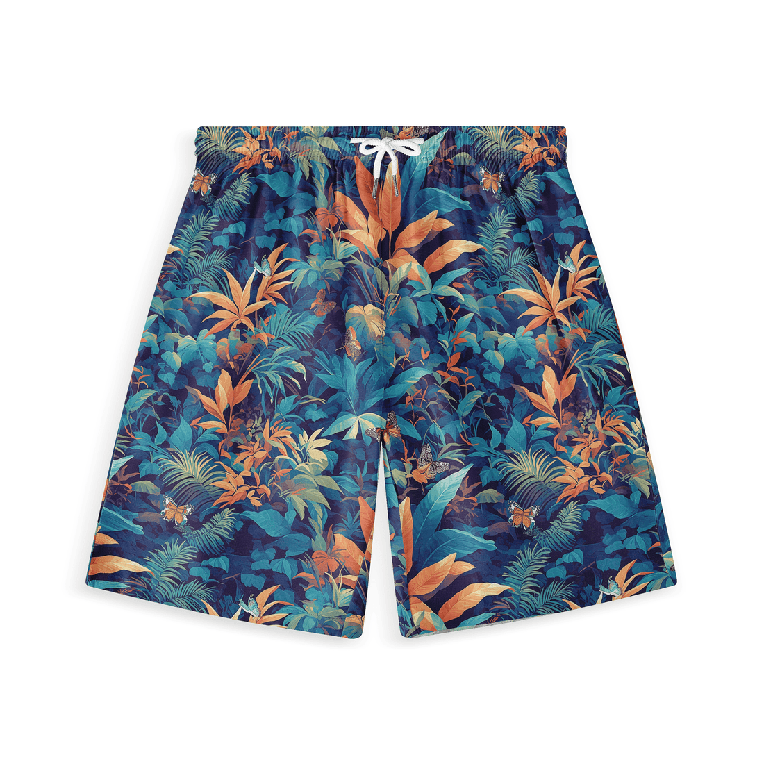 Dark teal short with vibrant tropical flowers and foliage, evoking a tropical paradise.