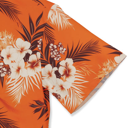 Bold and colorful tropical shirt with white and orange flowers.