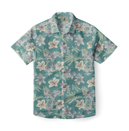 A shirt with intricate floral patterns in soft pastel colors.