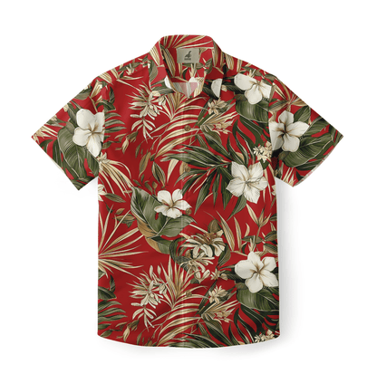 A tropical floral-patterned shirt with green leaves and white flowers on a red background.