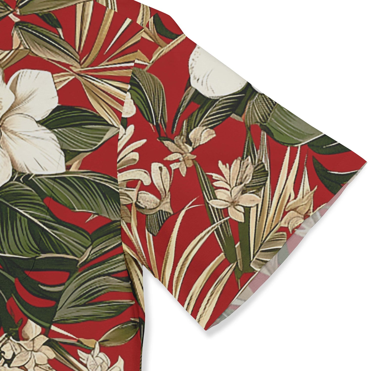 Red shirt with a lush, green, tropical floral design.