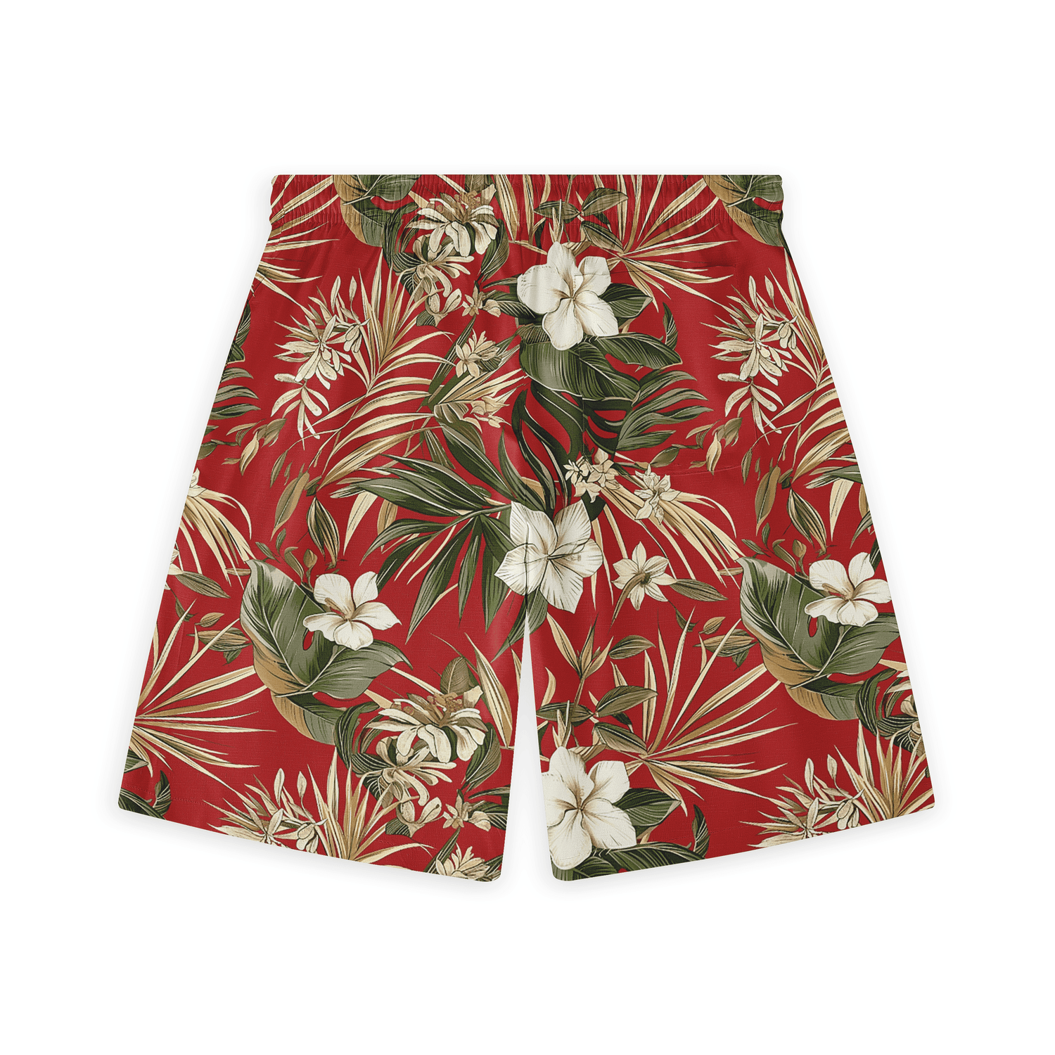 A tropical floral-patterned short with green leaves and white flowers on a red background.