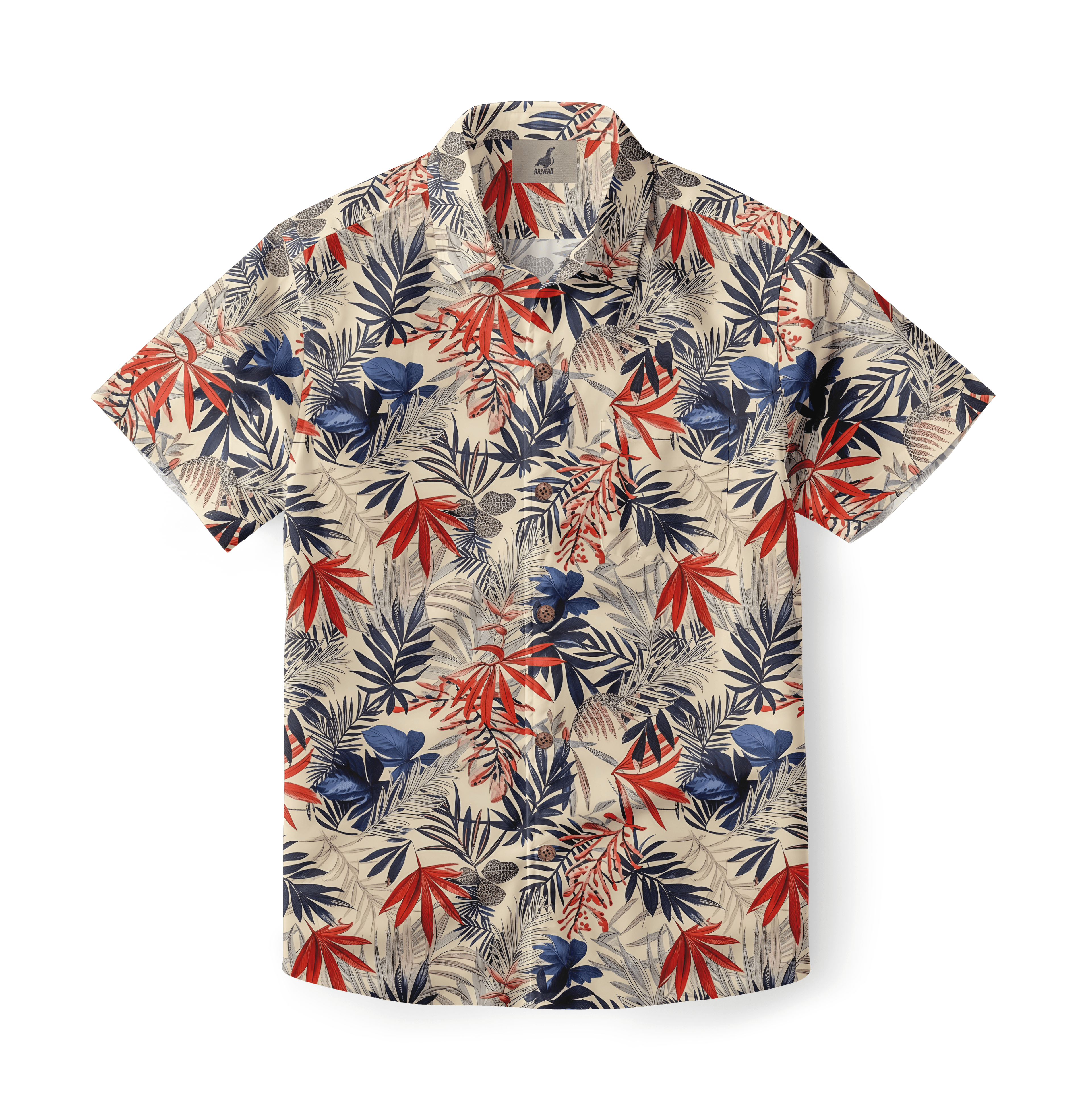 Shirt with vibrant tropical leaf pattern in red, blue, and green.