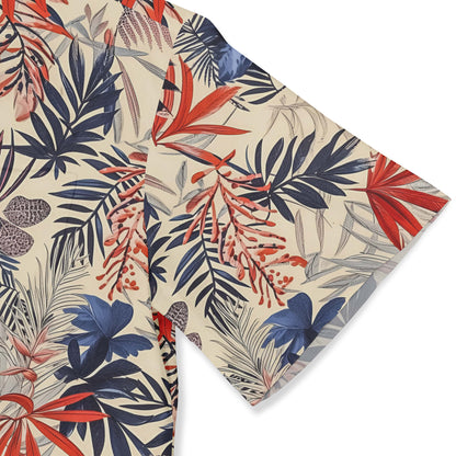 Tropical-inspired shirt with lush plant design.