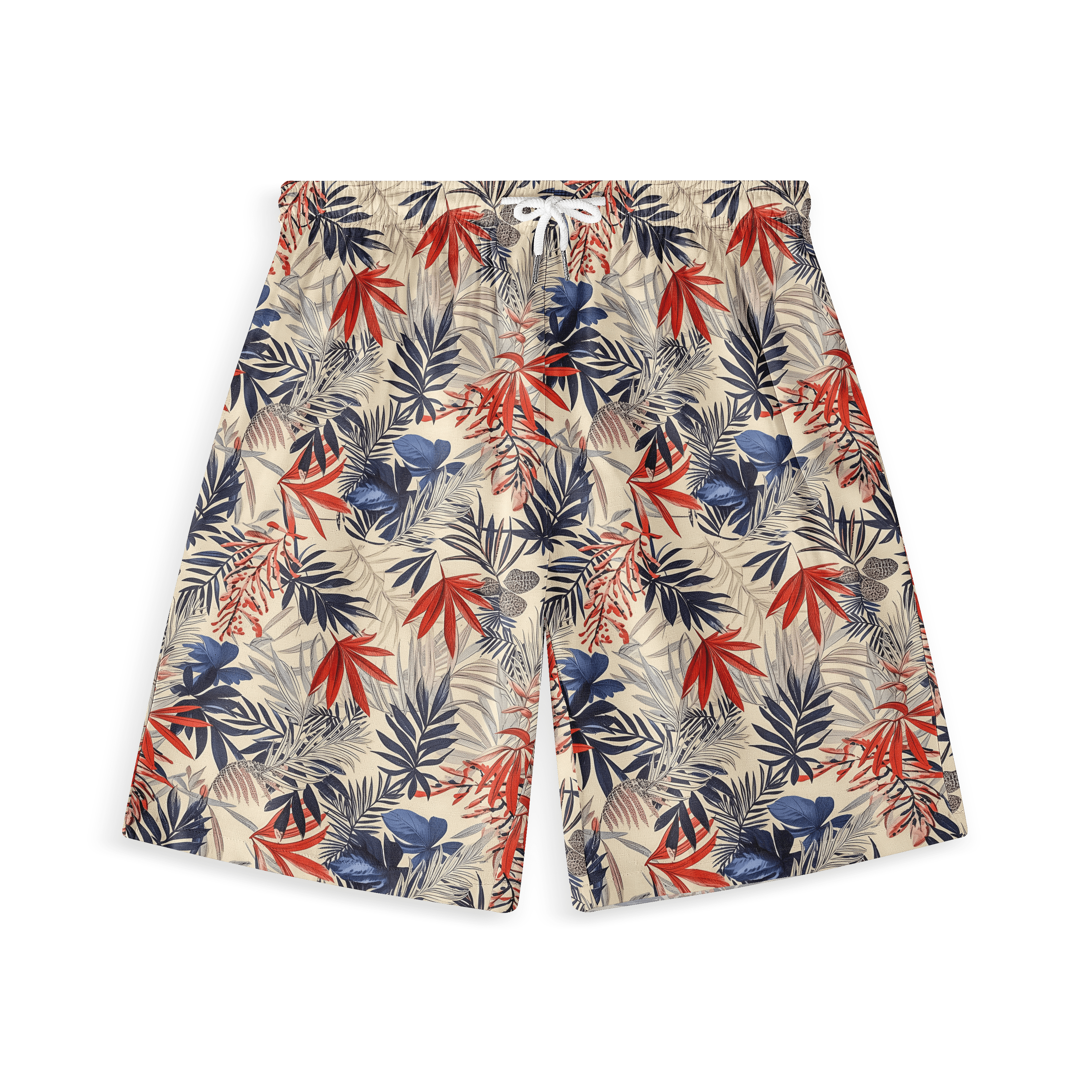 Short with vibrant tropical leaf pattern in red, blue, and green.