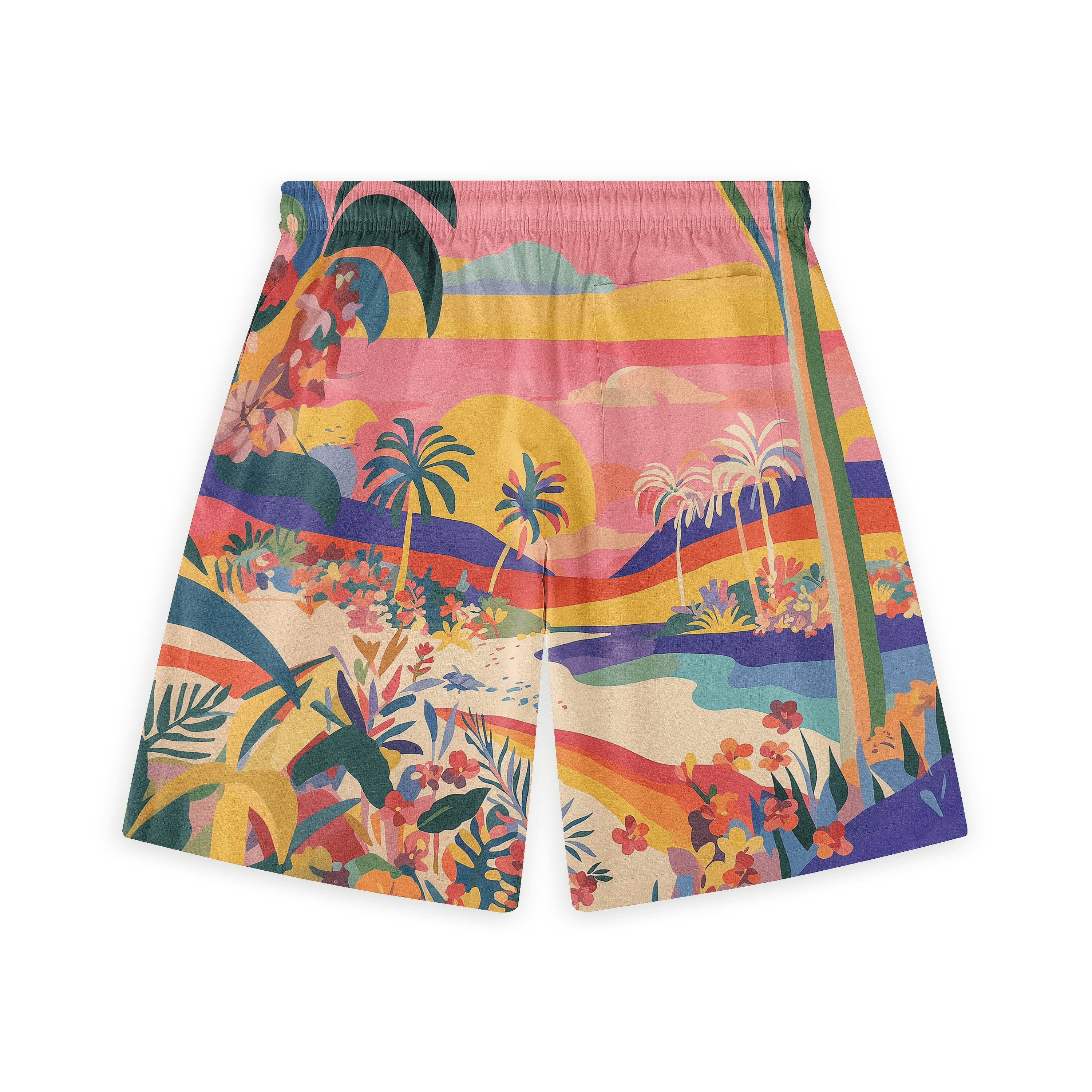 Lively beach scene shirt featuring bold colors and dynamic designs.