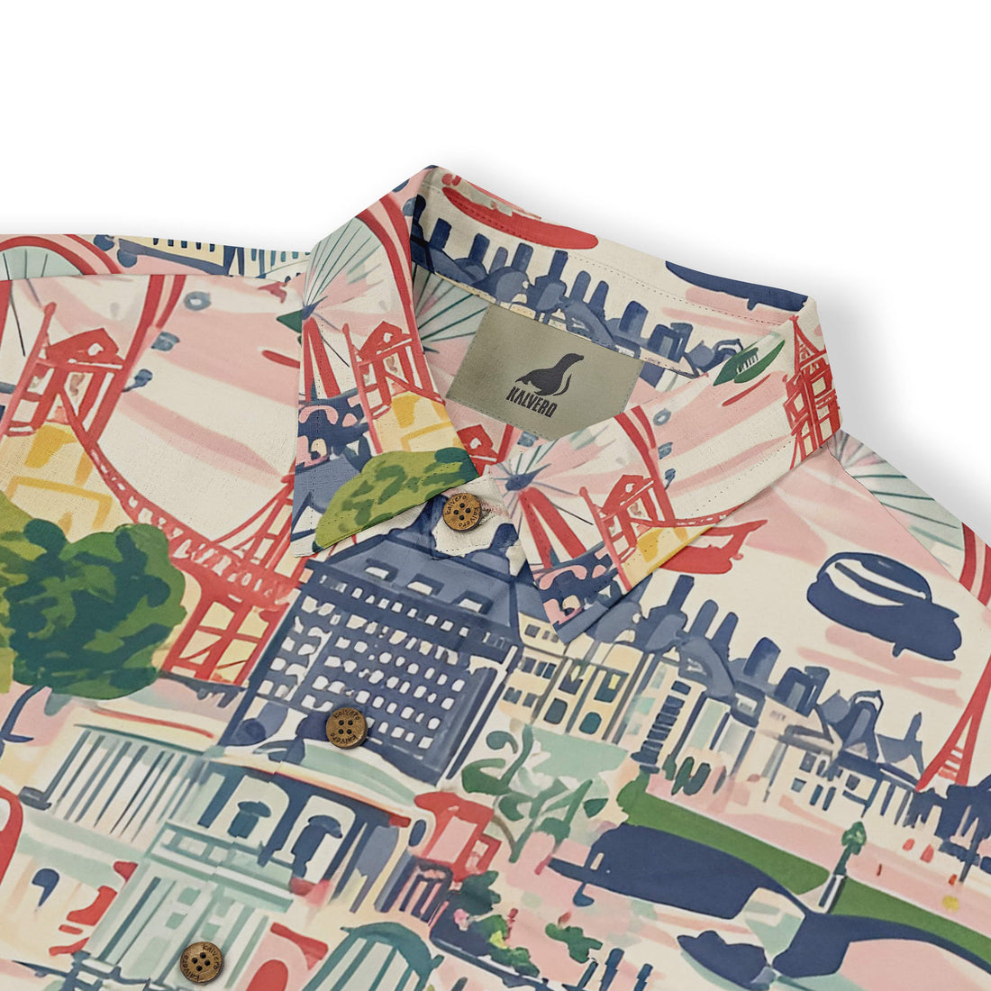 Colorful shirt featuring a lively pattern of famous world landmarks, perfect for travel lovers.