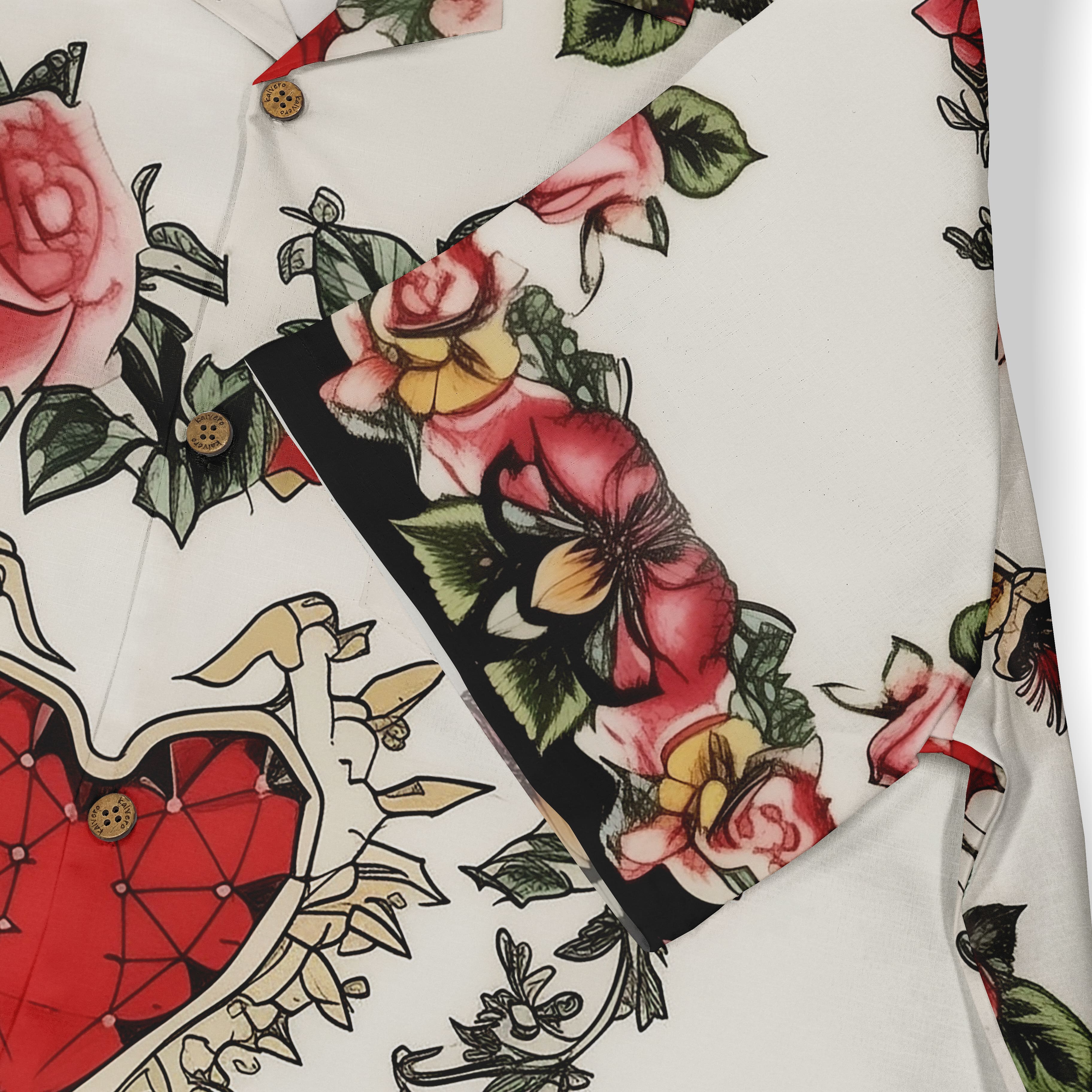 White shirt featuring a bold heart, roses, and swords design