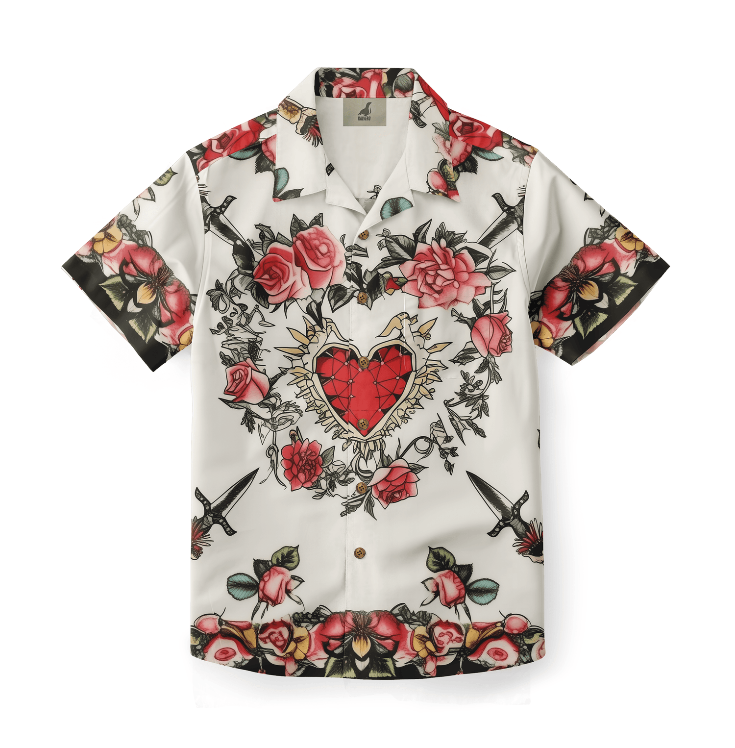 Shirt with a heart surrounded by red and pink roses and swords