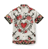 Shirt with a heart surrounded by red and pink roses and swords