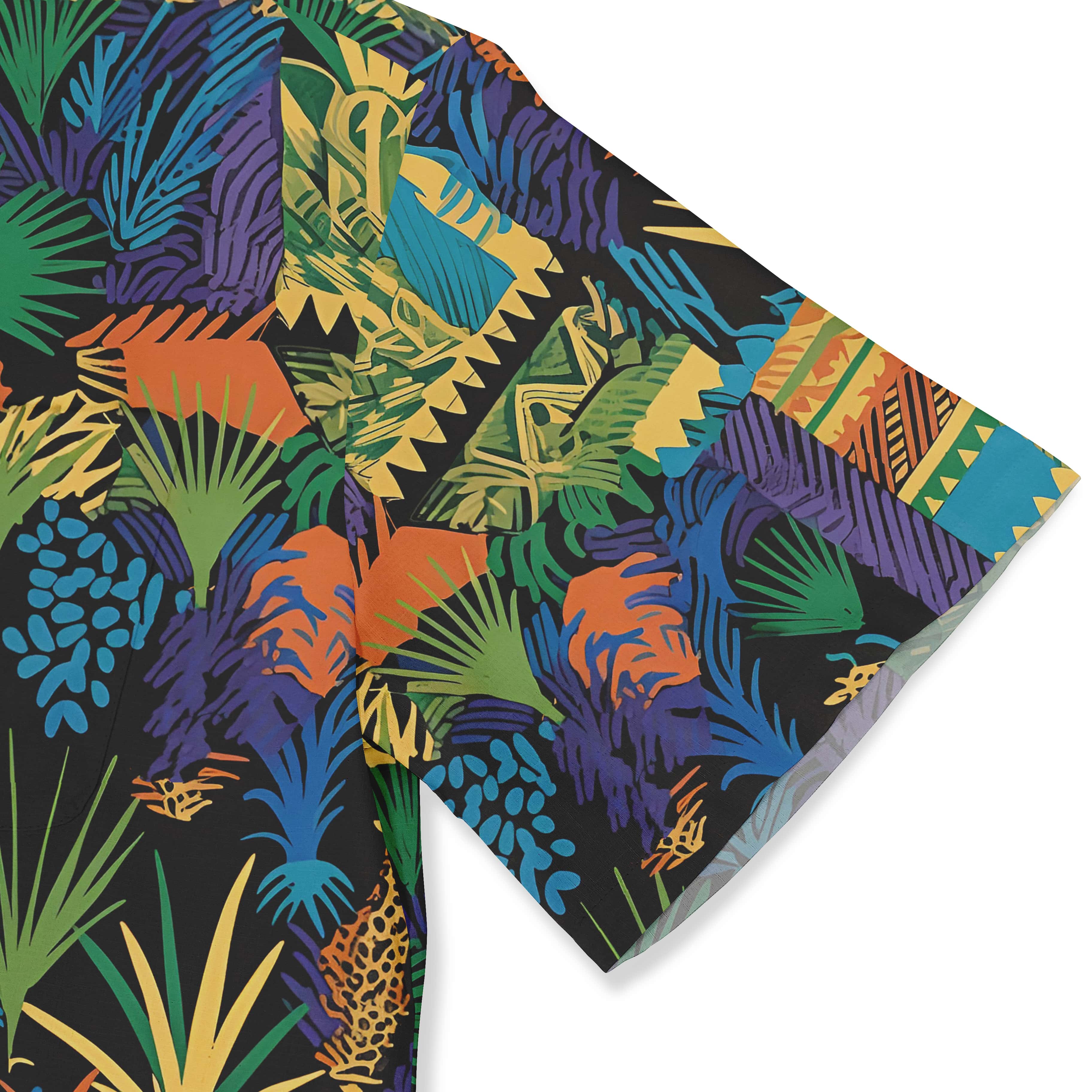 Tropical-themed shirt with a mix of geometric and natural elements.