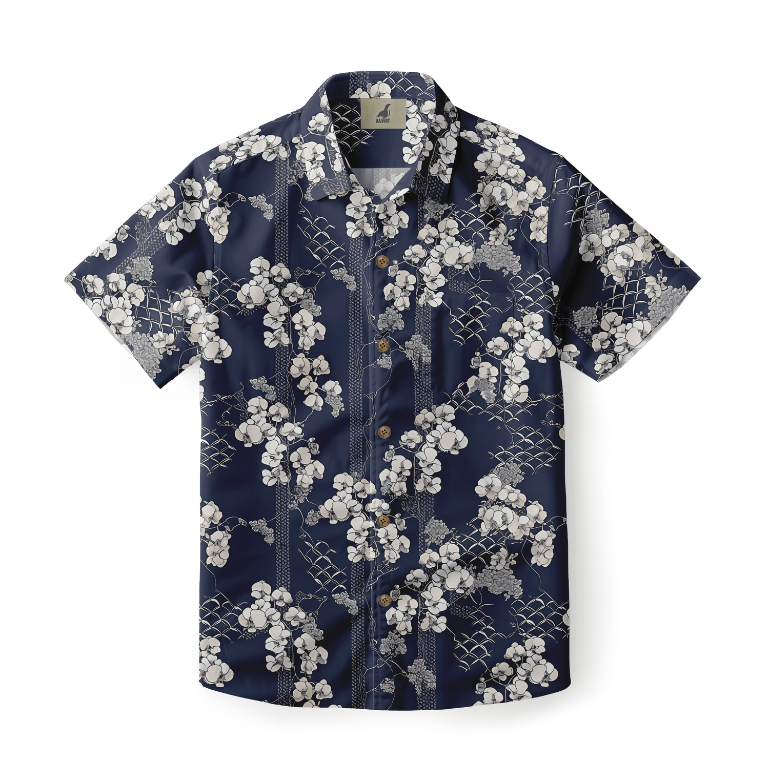 Close-up of white orchid pattern on a navy blue shirt