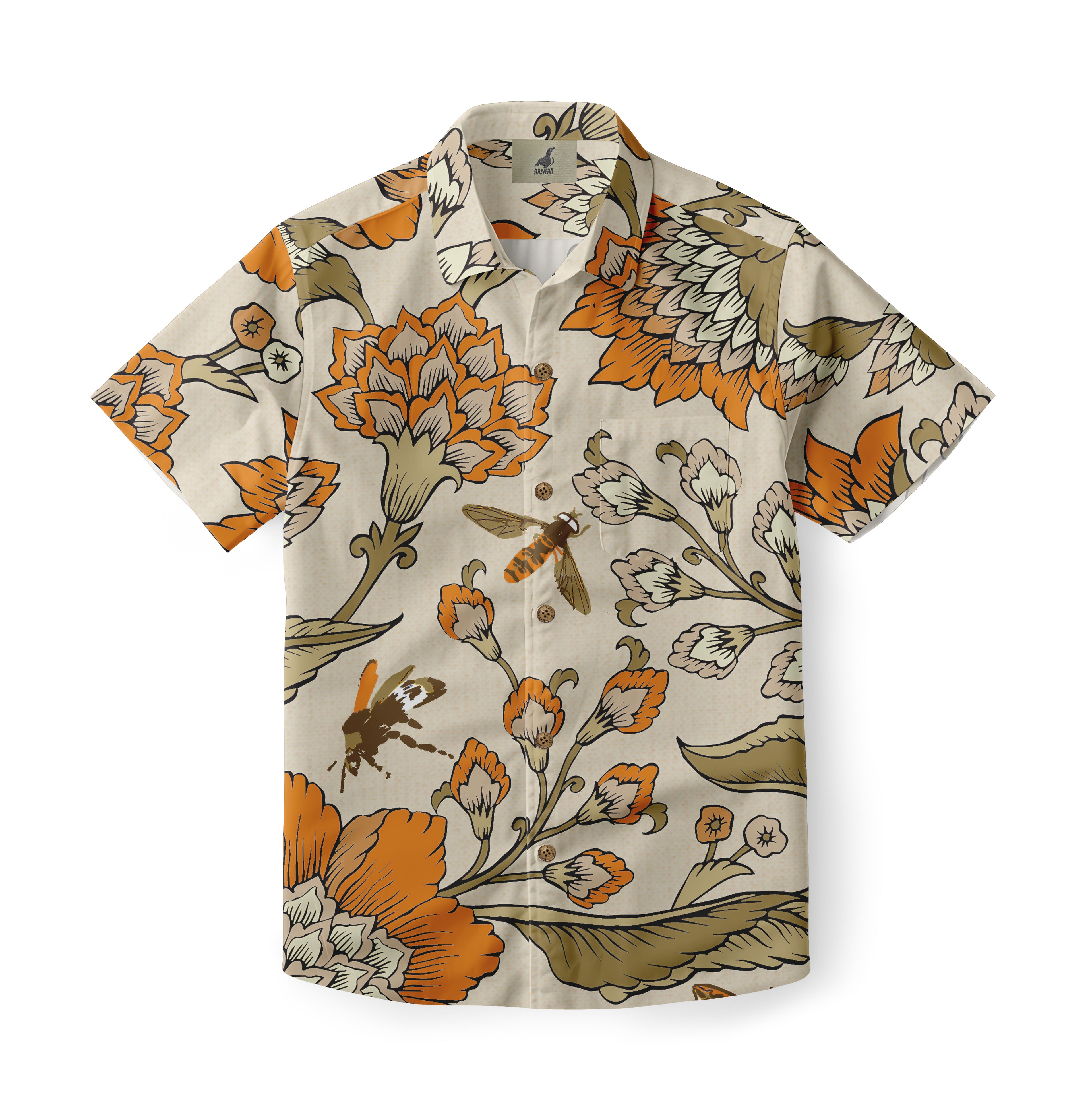 A beige shirt featuring a floral design with orange and green tones, accented with bees.