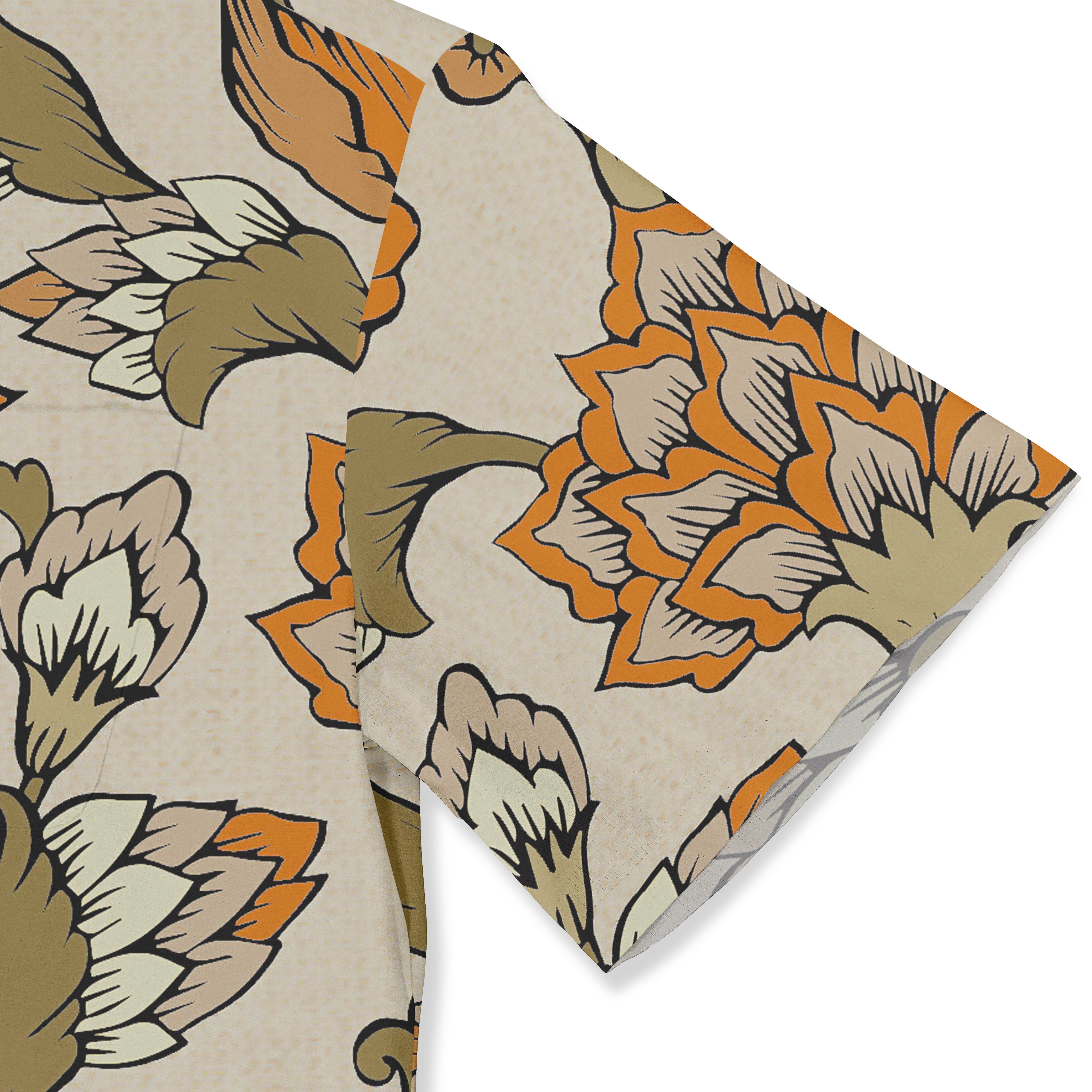 This shirt sleeve features a bold floral pattern in earthy tones of orange, green, and beige, adding a touch of nature-inspired elegance to any outfit.