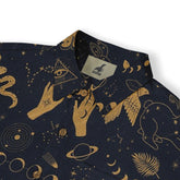 Close-up of a shirt collar with a dark fabric featuring mystical gold symbols, including hands, eyes, and celestial patterns.