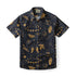 A dark short-sleeve shirt with mystical gold symbols, including eyes, hands, snakes, and celestial patterns.