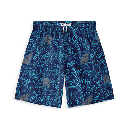 Navy shorts with light blue floral and vine patterns, featuring a drawstring waist for an adjustable fit.