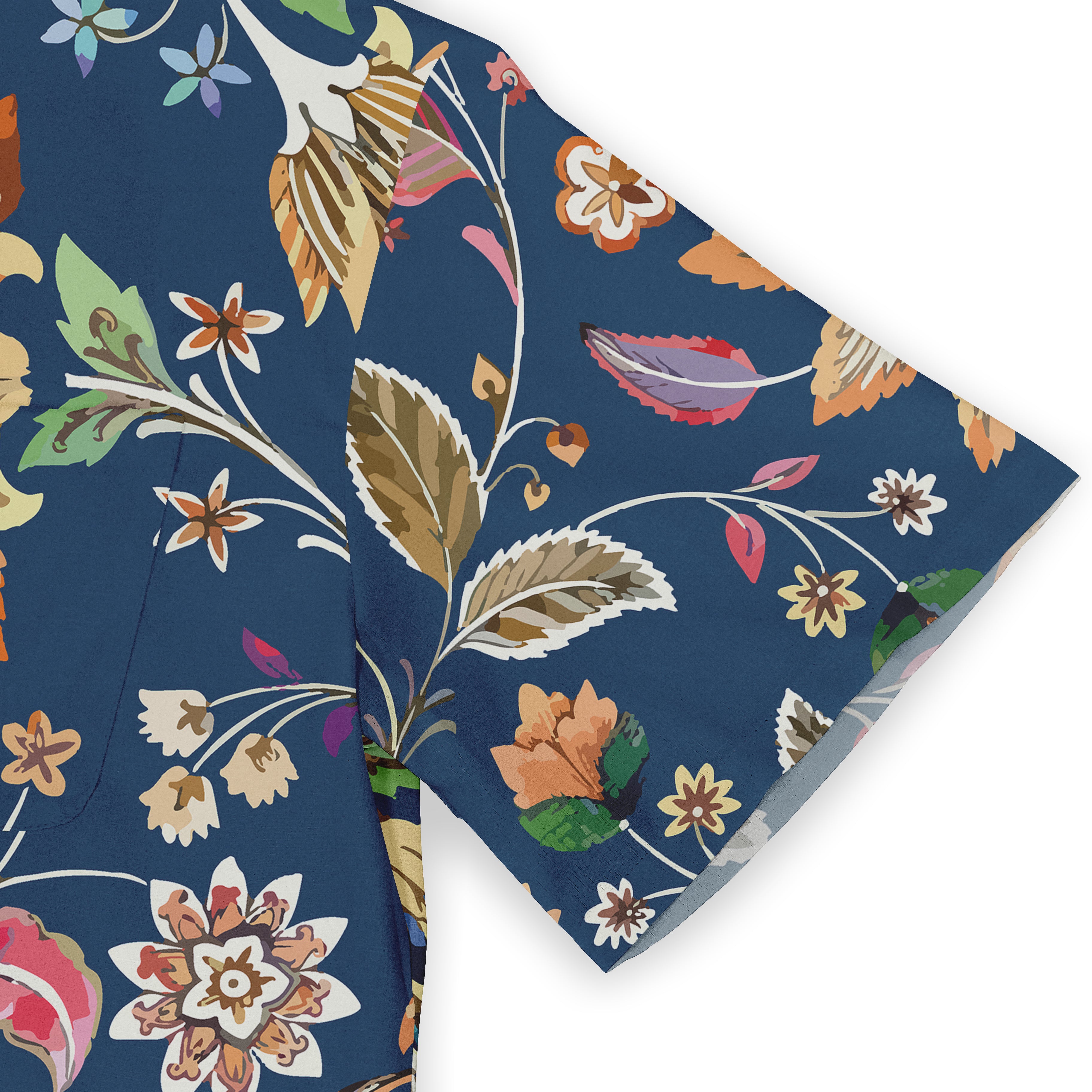 Close-up of a shirt sleeve with a vibrant floral design, featuring multicolored flowers and leaves on a deep blue background.