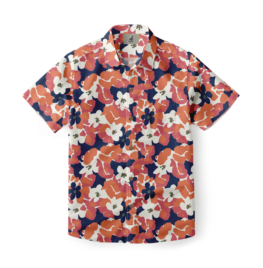 Orange and red shirt with bold floral patterns, radiating energy and confidence.