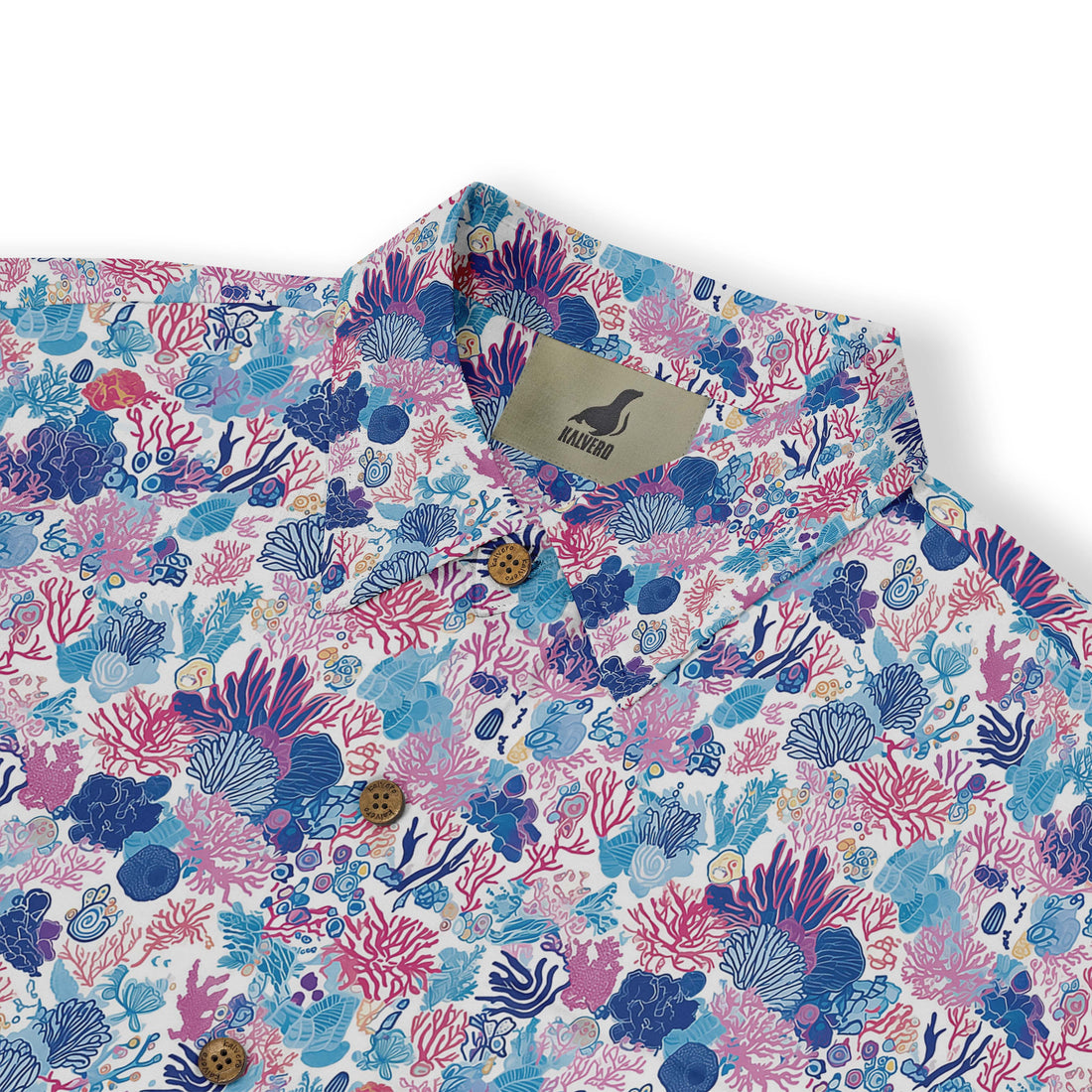 Colorful shirt featuring detailed coral reef and marine life designs in shades of blue, pink, and purple front view