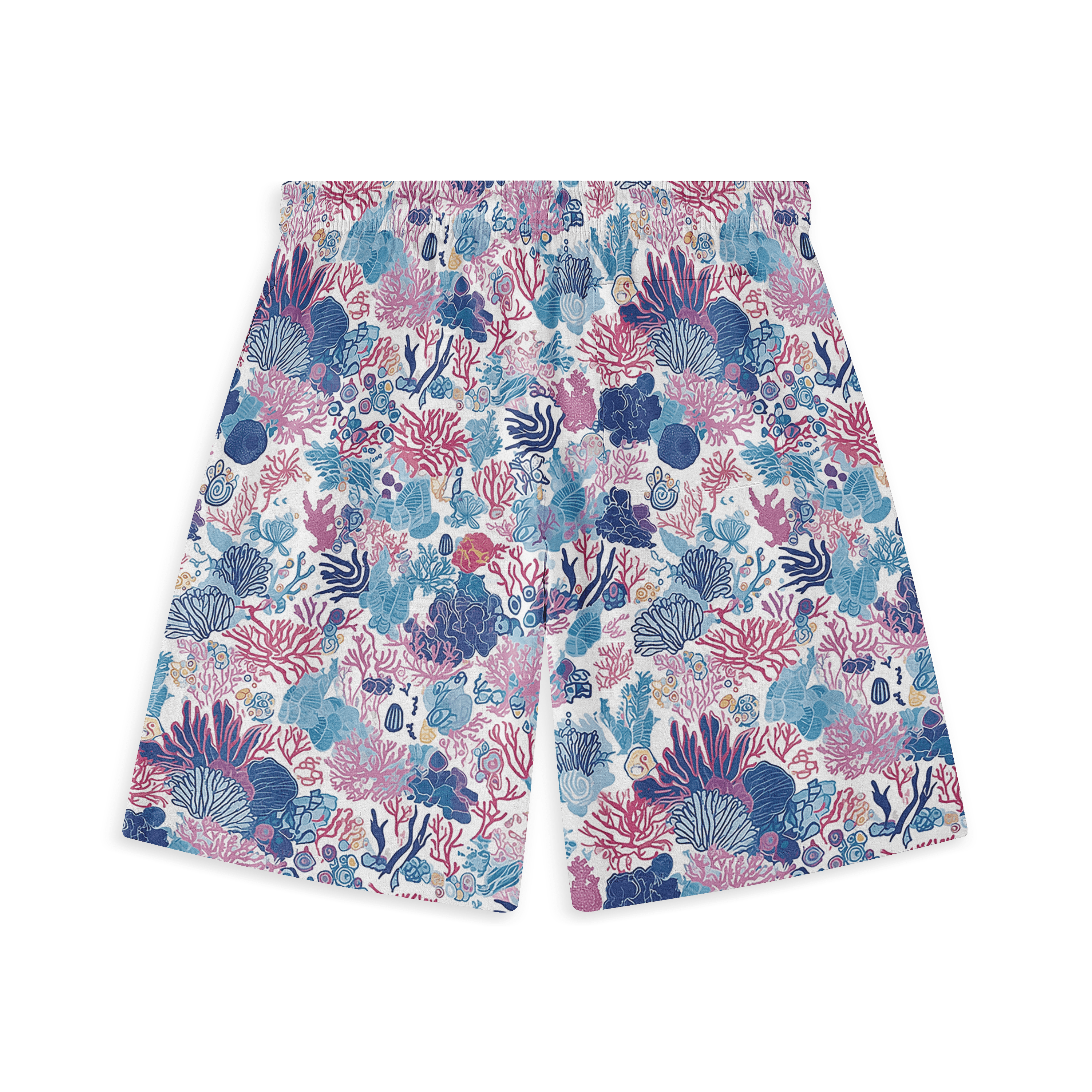 Colorful short featuring detailed coral reef and marine life designs in shades of blue, pink, and purple.