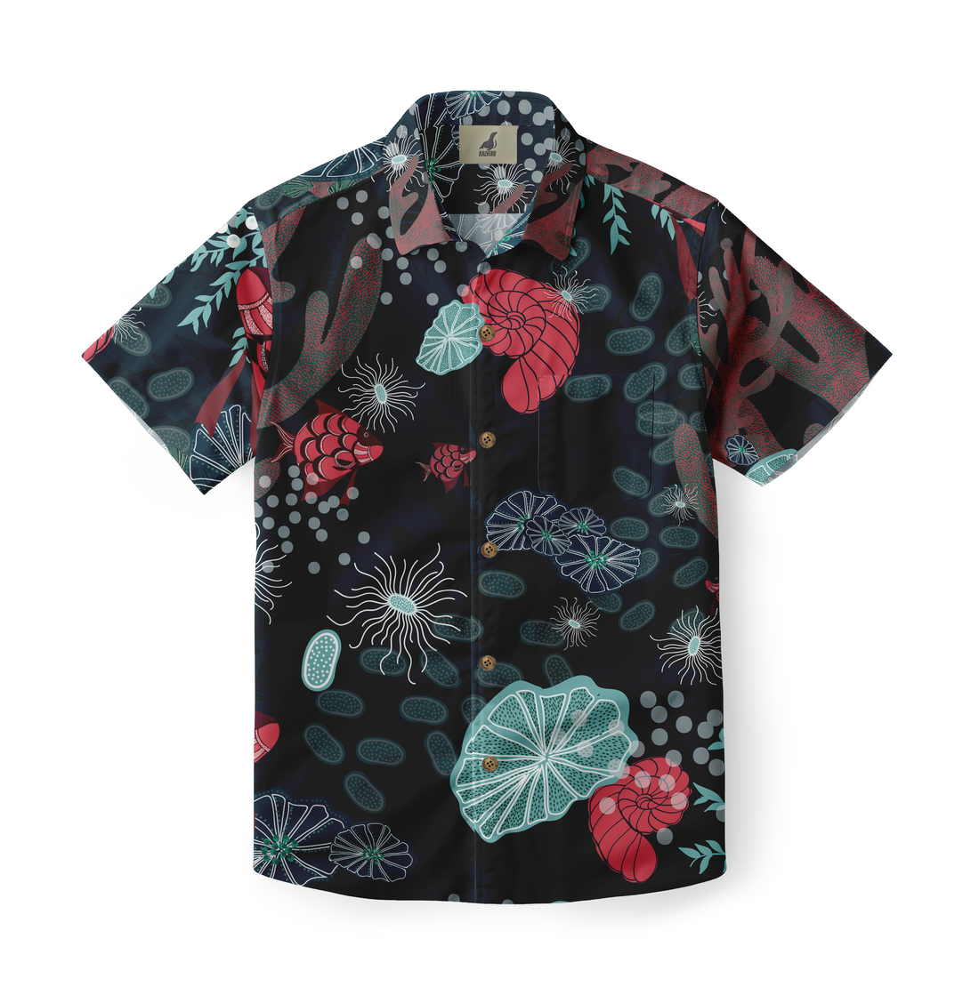 A Hawaiian shirt featuring a vibrant underwater-themed design with corals, sea anemones, and aquatic plants on a dark background.