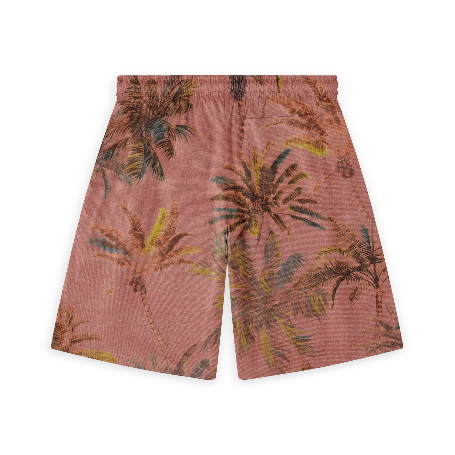 Shorts with a dusty pink background featuring brown and green palm tree prints,