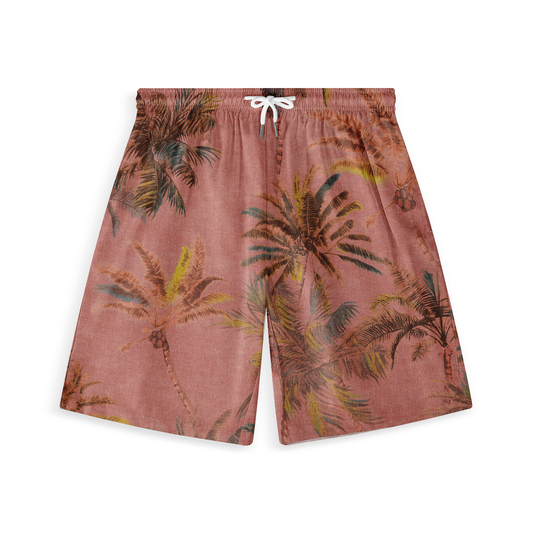 Shorts with a dusty pink background featuring brown and green palm tree prints, complete with white drawstrings.