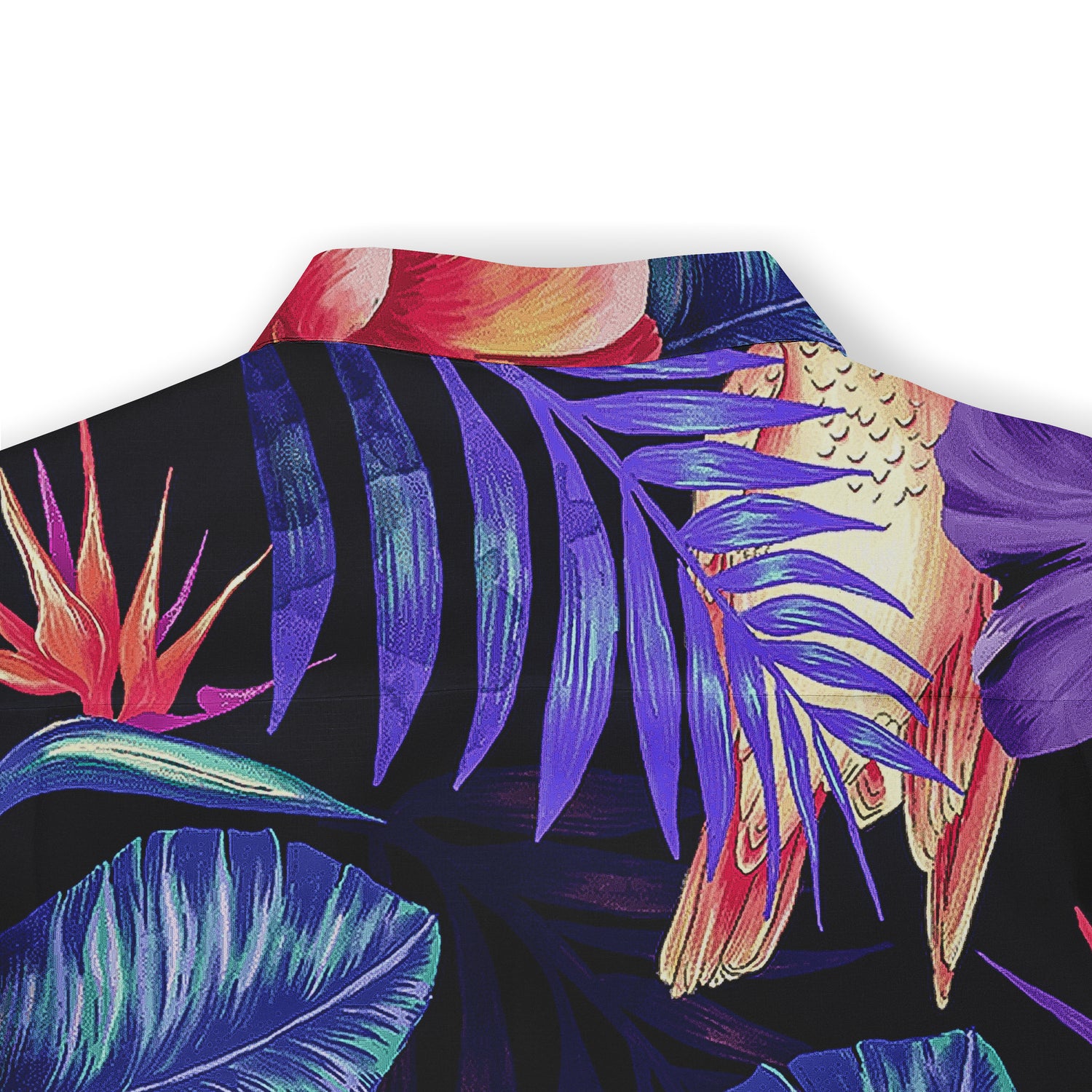 Close-up of the back collar of a shirt featuring a vivid tropical design with purple and blue leaves, red flowers, and colorful bird elements on a dark background.