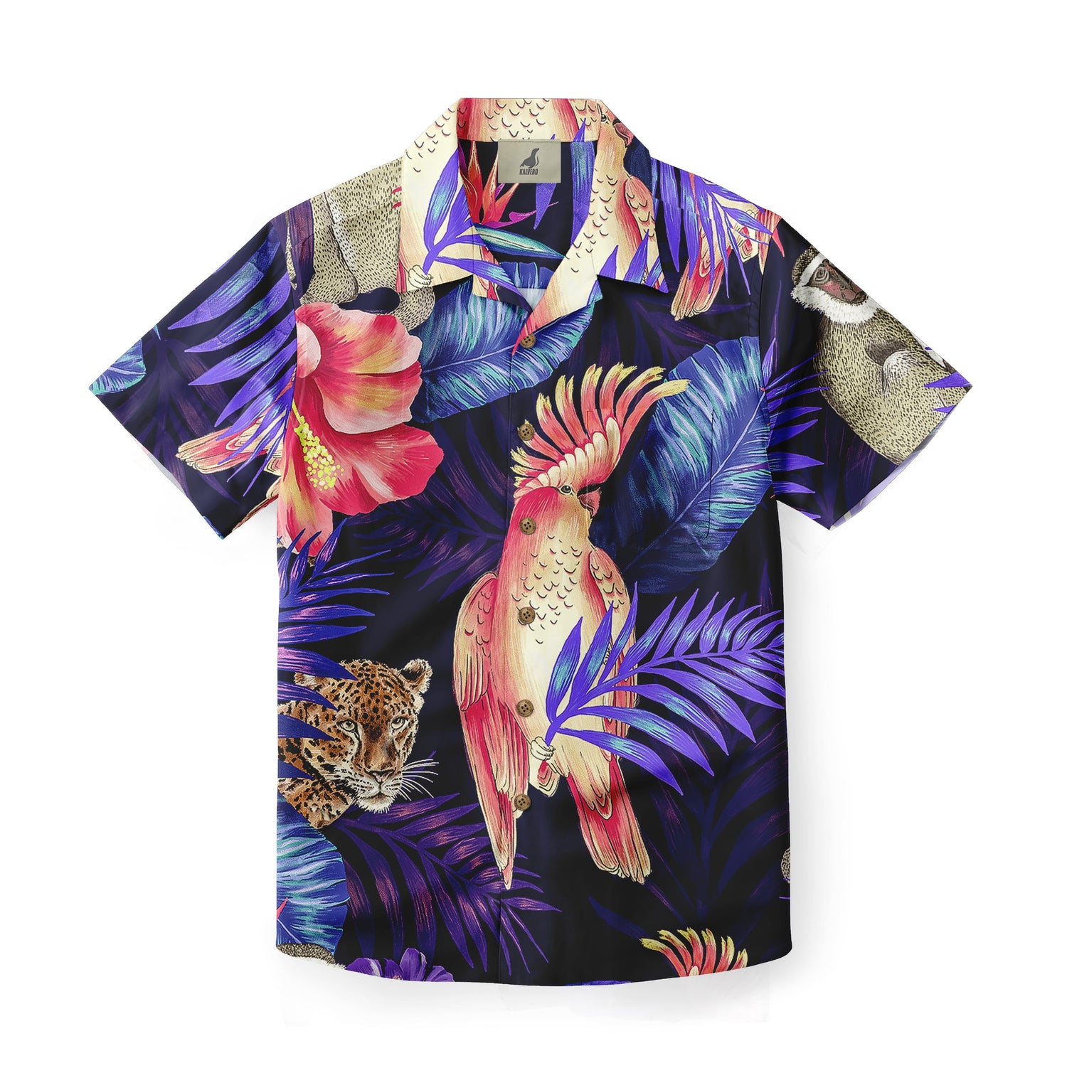 Shirt with a vibrant tropical print featuring colorful parrots, purple leaves, a large pink hibiscus flower, and a leopard on a dark background.