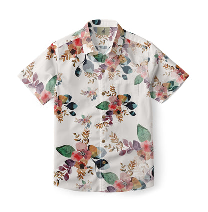 A short-sleeve Hawaiian shirt featuring a delicate floral pattern in muted shades of pink, green, and brown on a light background, creating a soft and elegant look.