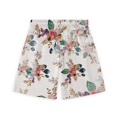 This image showcases the back view of a pair of shorts with a floral watercolor design. The pattern includes a mix of soft pink, green, and brown hues arranged in clusters of flowers and leaves on a white background, maintaining a light and breezy look suitable for casual and summery occasions.