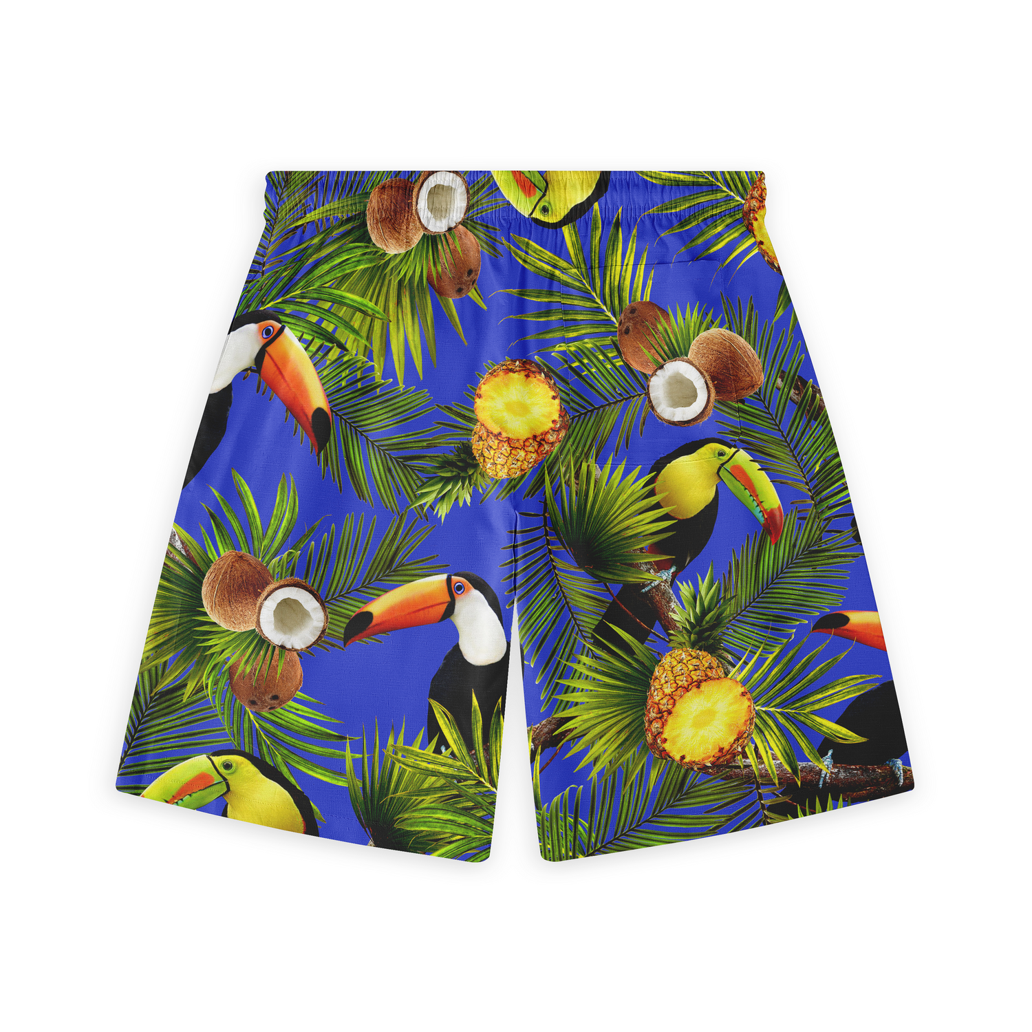 Hawaiian shorts with a bold design featuring toucans, coconuts, pineapples, and lush palm leaves on a vivid blue background.