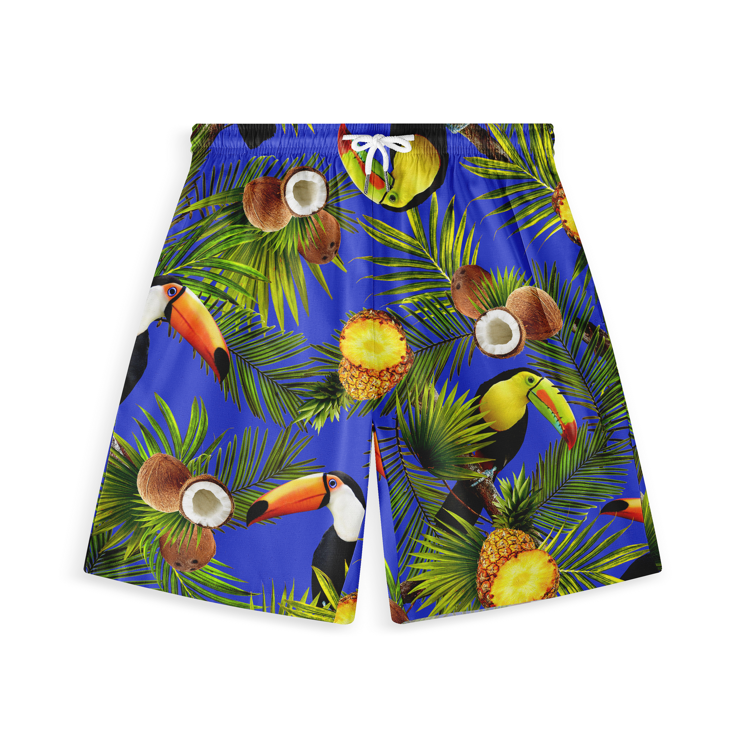 Hawaiian shorts with a vibrant design featuring toucans, coconuts, pineapples, and palm leaves on a bright blue background.