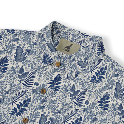 Pale blue shirt with green ferns and wildflowers, reminiscent of a forest floor front view