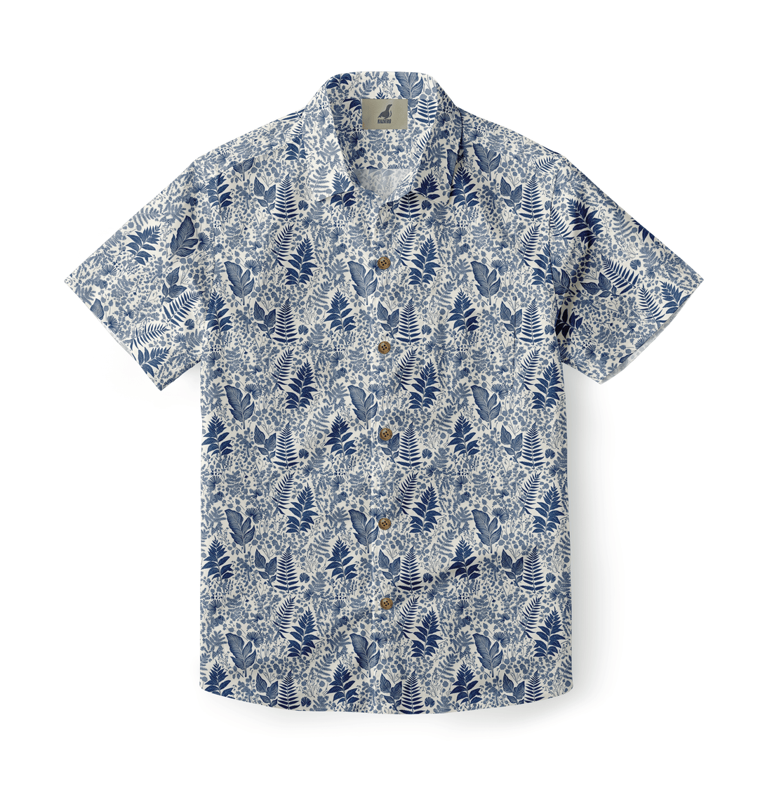 Pale blue shirt with green ferns and wildflowers, reminiscent of a forest floor.