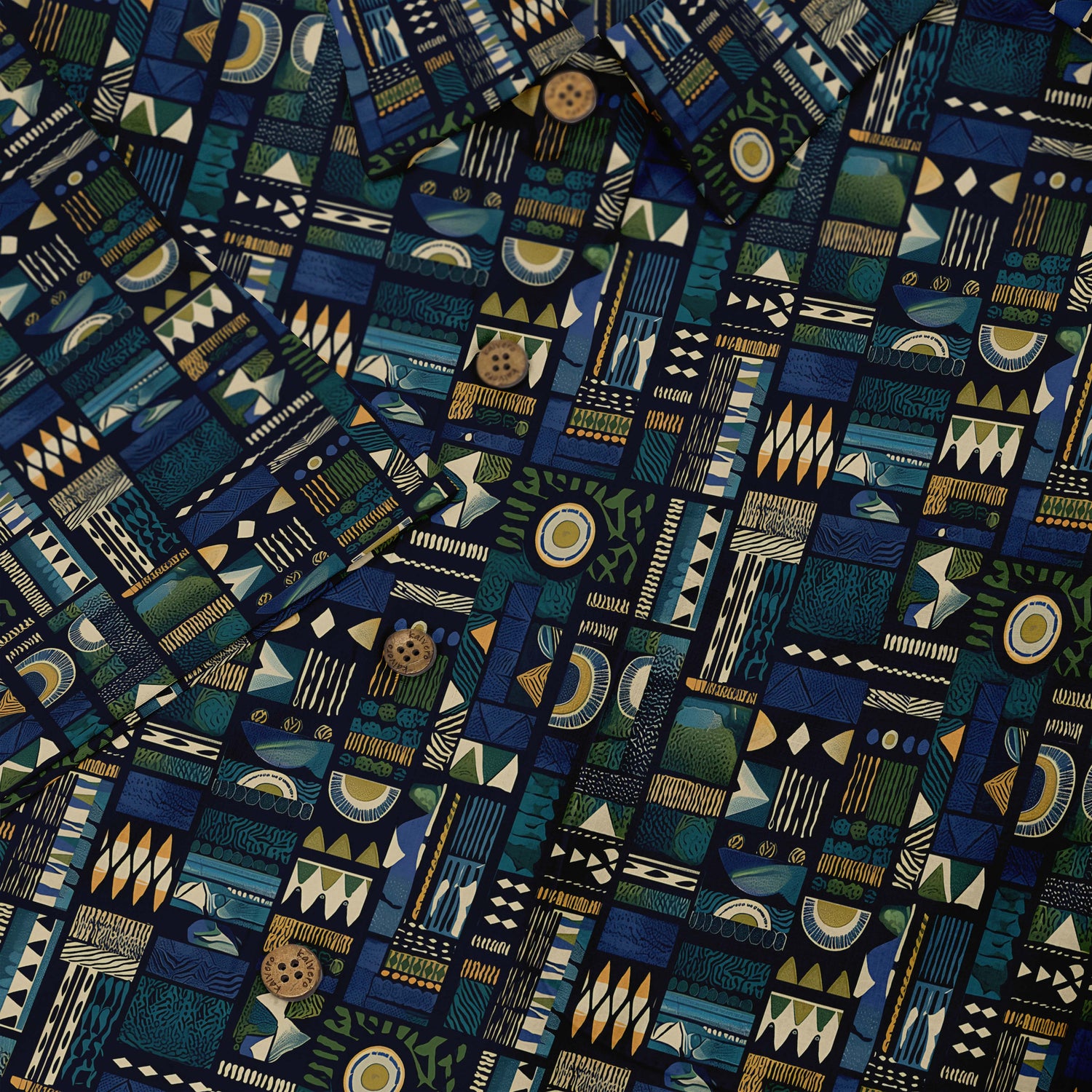 A short-sleeved shirt with an intricate geometric pattern in deep blues, greens, and golds. front buttons close-up