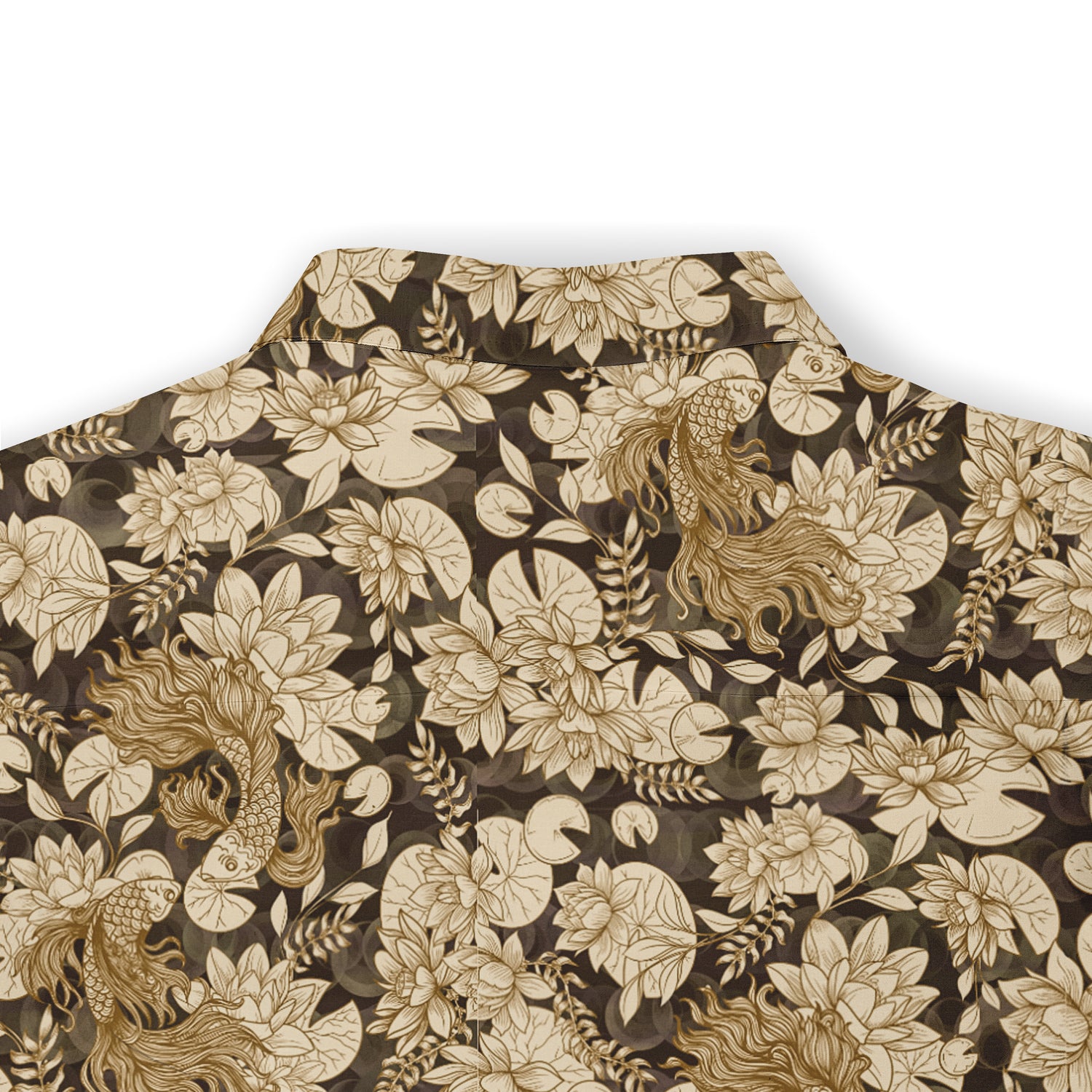 Hawaiian shirt with a dark background and detailed light-colored floral and fish motifs, adding an artistic and natural touch.