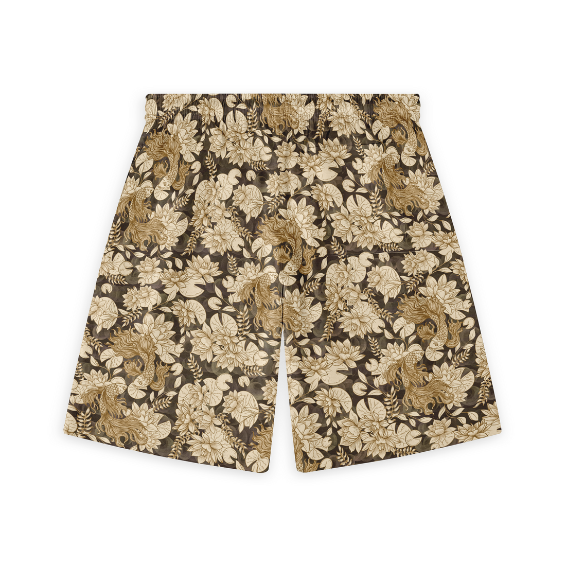 Back view of shorts featuring a dark background with intricate light-colored floral and fish patterns, creating a seamless and artistic nature-inspired design.