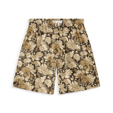 Shorts with a dark background featuring intricate light-colored floral and fish patterns, creating an artistic and nature-inspired look.