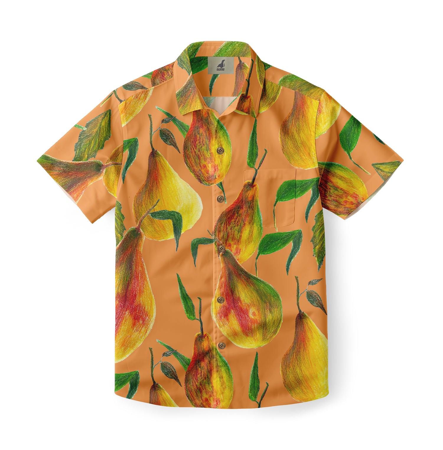 Front view of a Hawaiian shirt featuring a vibrant design of large pears and green leaves on a warm orange background, creating a fresh and lively fruit-themed pattern.