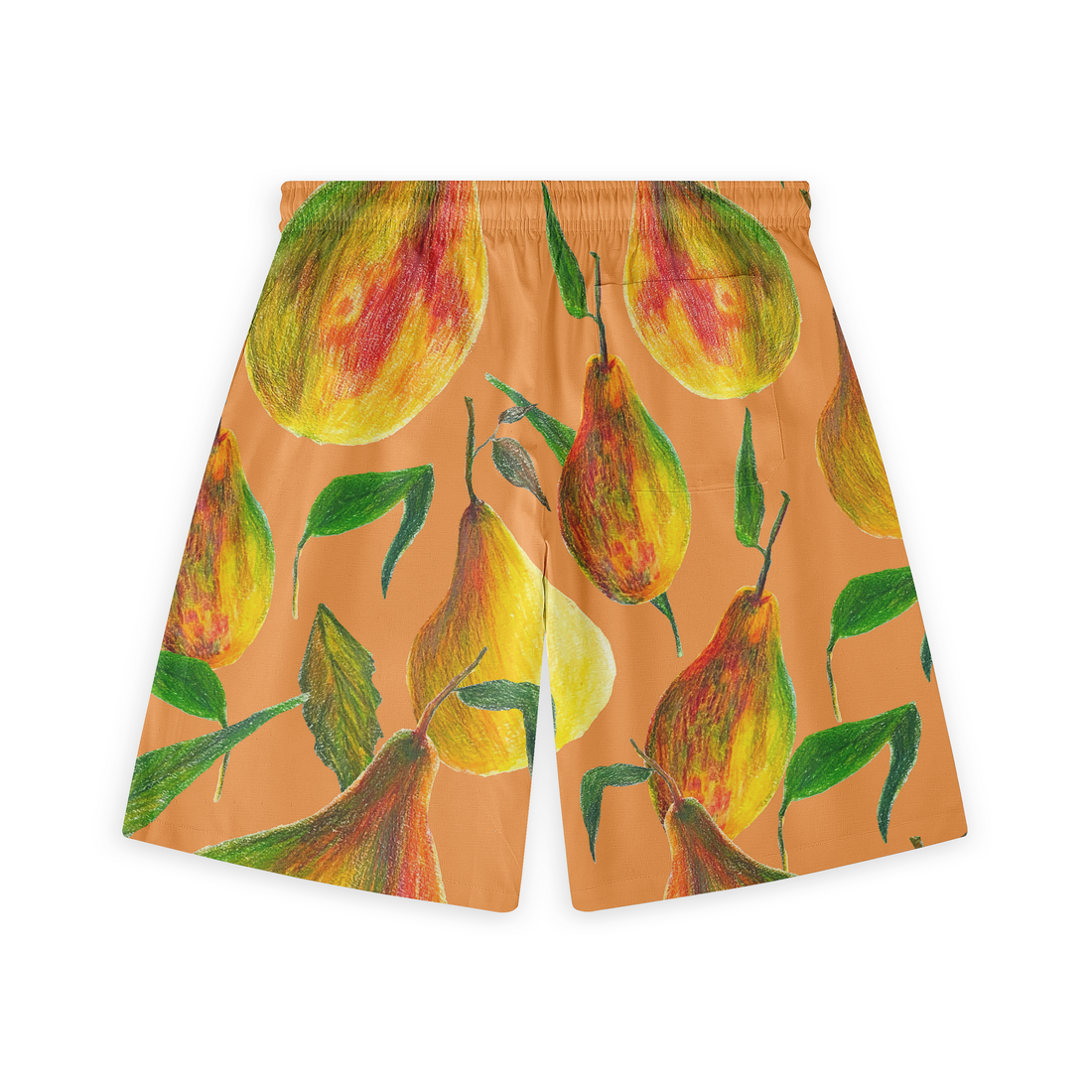 Back view of shorts featuring a vibrant pear design in various colors on an orange background, showcasing the pattern continuity and elastic waistband.