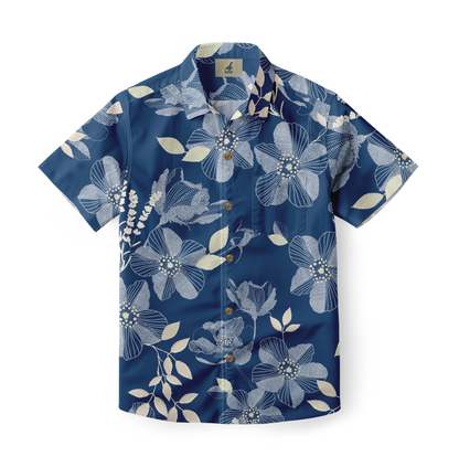 This Hawaiian shirt features an elegant design with large, delicate flowers and leaves in soft, neutral tones against a deep blue background. It&