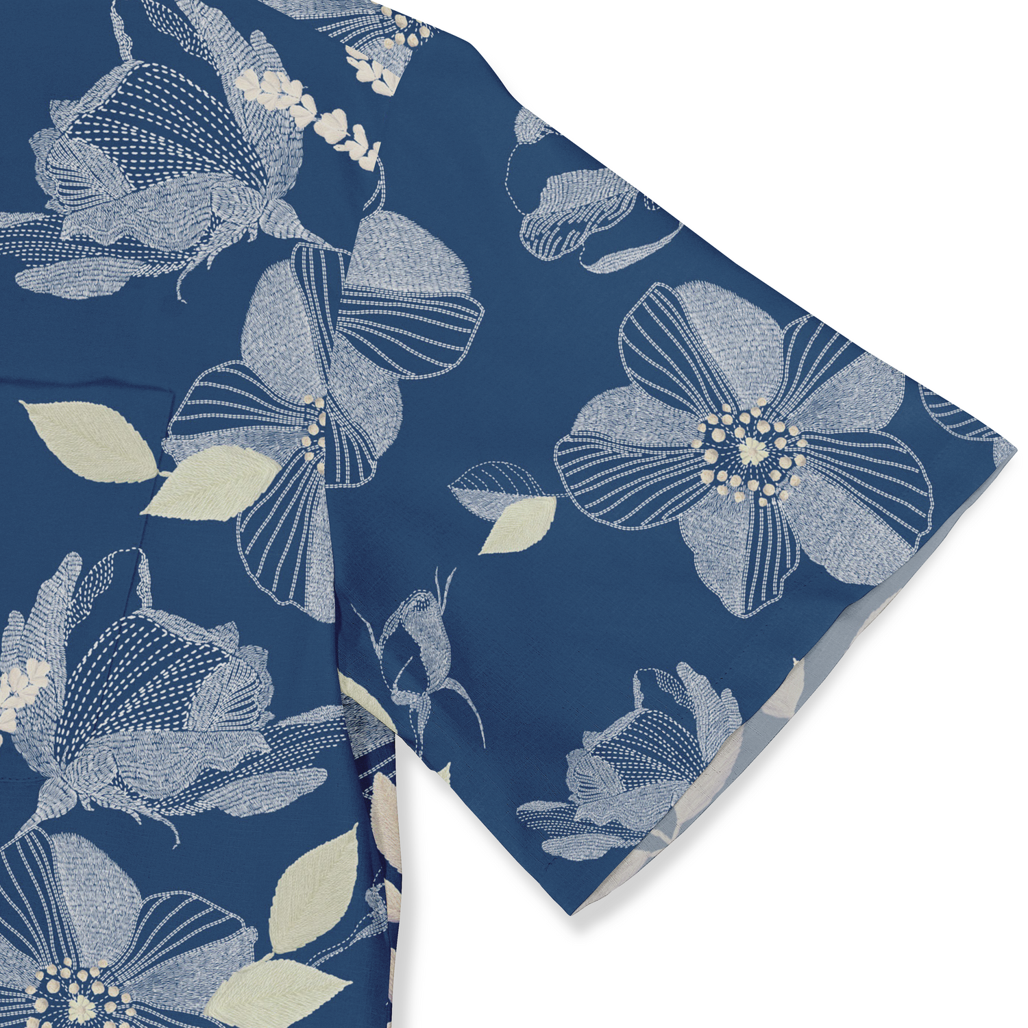 A refined Hawaiian shirt featuring a subtle floral design on a deep blue backdrop, perfect for adding a touch of elegance to your summer wardrobe.