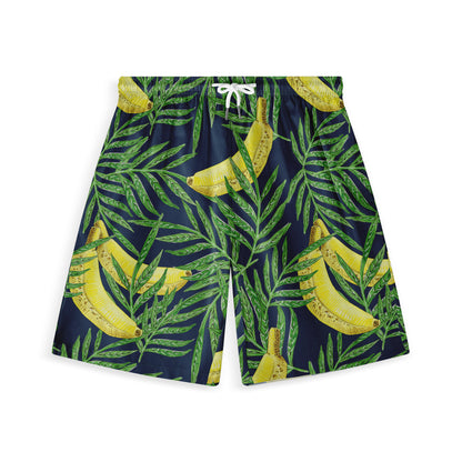 This image features a pair of shorts with a tropical design, showcasing green leaves and bananas against a dark background, offering a lively and bold appearance.