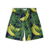 This image features a pair of shorts with a tropical design, showcasing green leaves and bananas against a dark background, offering a lively and bold appearance.