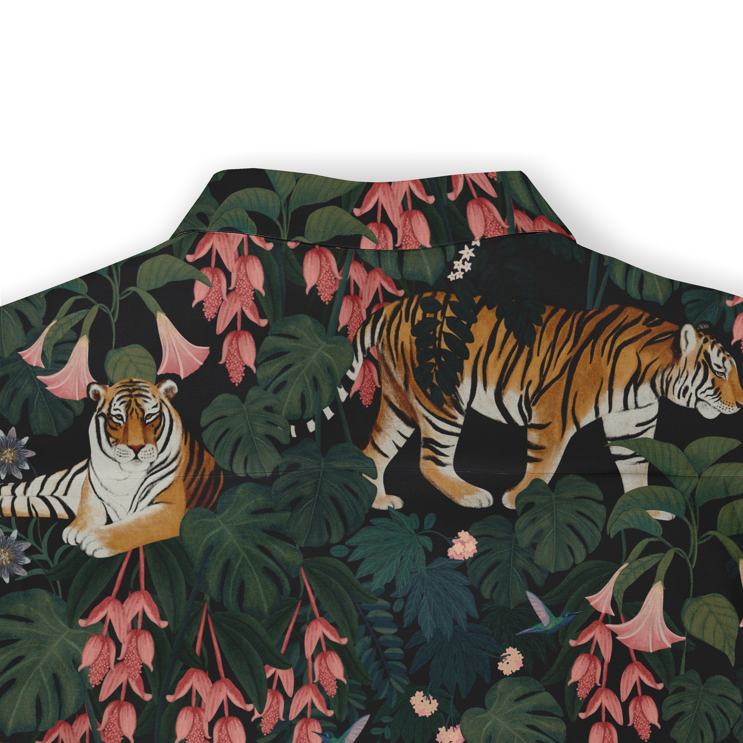 This image showcases the back collar area of a shirt with an intricate design featuring tigers, lush green leaves, and pink flowers. The pattern continues seamlessly, capturing the essence of nature and wildlife, making it a visually striking and cohesive design.