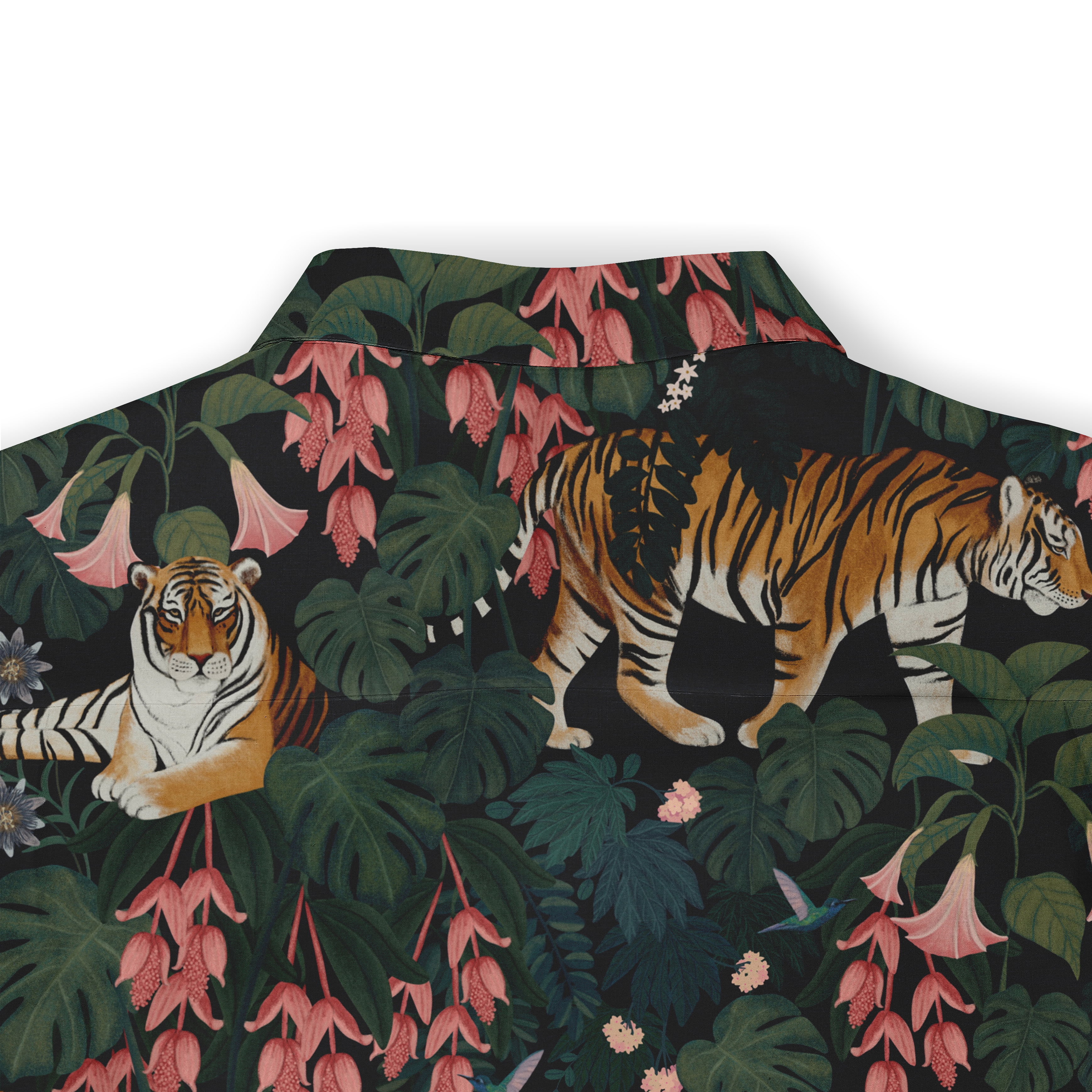 This image showcases the back collar area of a shirt with an intricate design featuring tigers, lush green leaves, and pink flowers. The pattern continues seamlessly, capturing the essence of nature and wildlife, making it a visually striking and cohesive design.