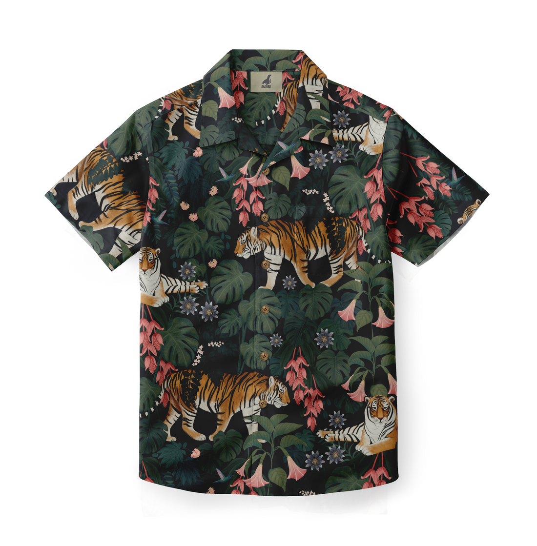 This shirt showcases a bold jungle theme with tigers, tropical foliage, and vibrant pink flowers, offering a striking and adventurous look.